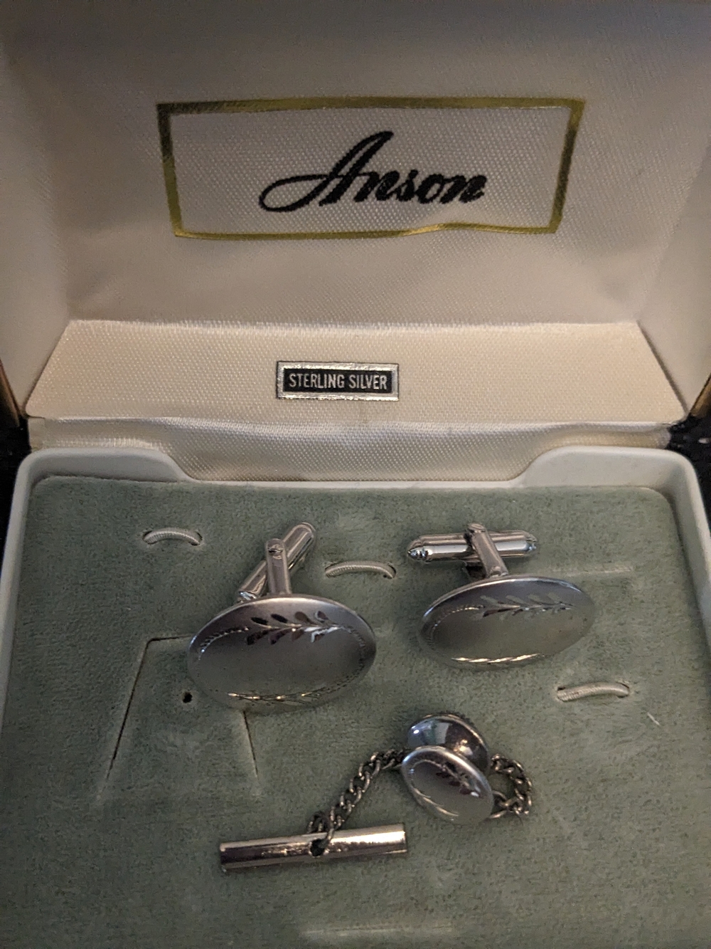 Vintage Anson Cuff Link Tie Tack Set Mid-Century Anson Sterling Silver Signed